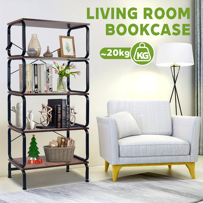 5-laags metalen opbergrek – boekenplank – staand rek – opslagrek – displaykast – Bruin met zwart frame – industrieel design – stevige constructie – ruimtebesparend verticaal model