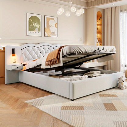 Bedframe – Ledikant – Slaapbank – Boxspring – Bed met Opbergruimte – Beige – Hydraulische Lift – Geïntegreerd Hoofdbord – 180x200 cm – Zachte Stof