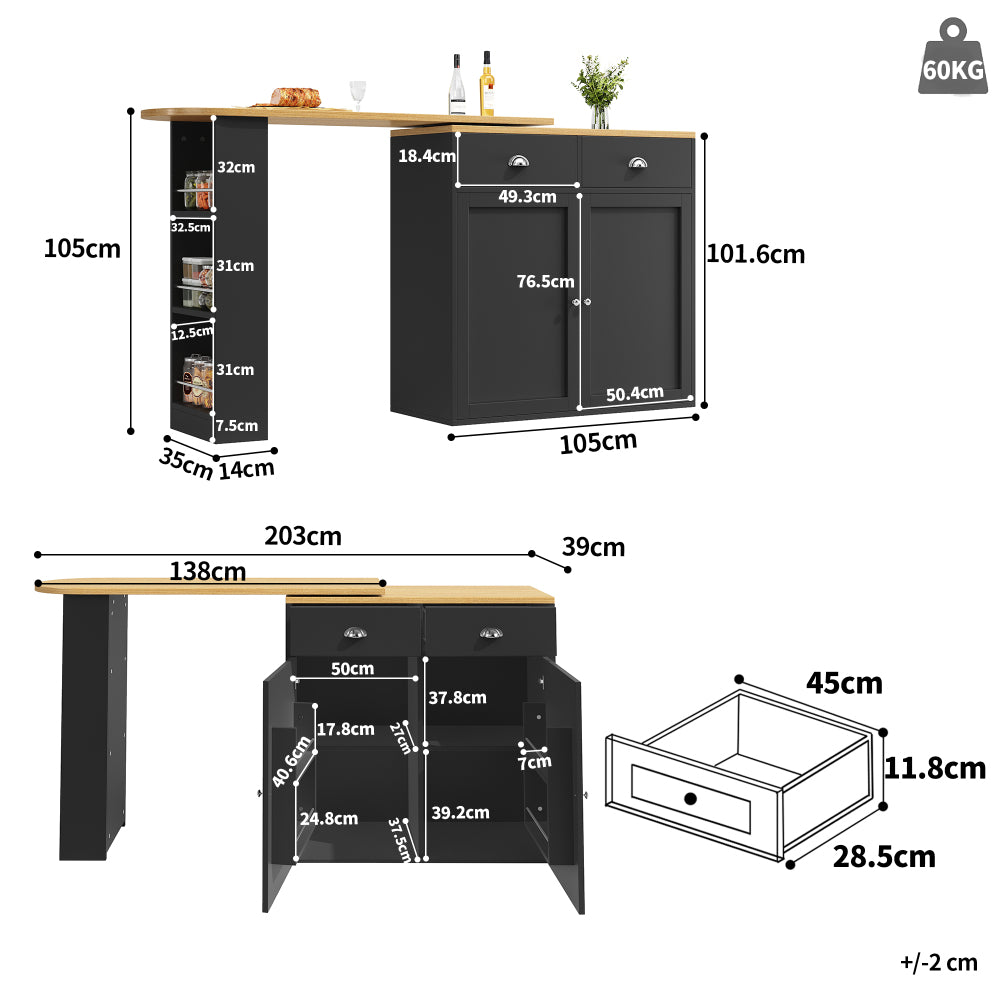 360° Rotating Modern Bar Table & with 2 Drawers, 2 Doors, Shelves - Heavy-Duty Metal Multifunctional Furniture for Kitchen, Dining Room, - Space-Saving Rotator Sideboard (Assembly Required), Kitchen Must Haves, Storage And O
