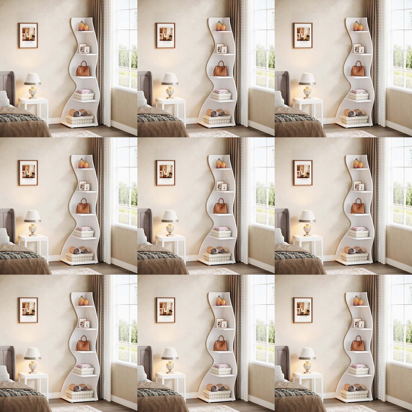 5-Tier White Corner Bookshelf & Plant Stand - Curved Space-Saving Shelving Unit with Adjustable Shelves, -like Particle Board (White/Wood), Freestanding/Wall-Mountable for Home Office, Living Room, - Easy Assembly