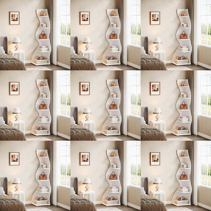 Modern White 5-Tier Corner Bookshelf & Plant Stand - Space-Saving Curved Shelf with Sturdy Hardwood Construction, Freestanding or Wall-Mounted Design, Easy Assembly, 68.58cm+ Height, Minimalist Accent Piece for Living Room, f