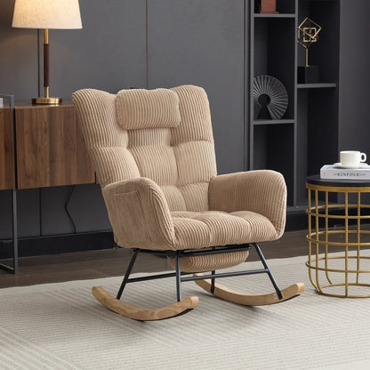 Rocking Chair with Invisible Rocker Base & Neck - Soft Upholstered High-Back Brown Armchair, - Padded Seat, Easy Assembly, Durable Metal-Free Fabric for, & Room (No Wood)