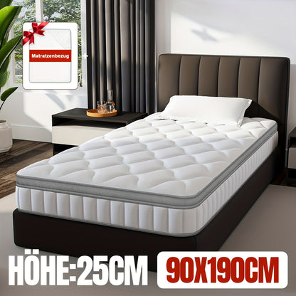 Carroltt Mattress 90x190/90x200, Spring Mattress 25cm High with Fitted Sheet, 7-zone Mattress, Pocket Spring Mattress