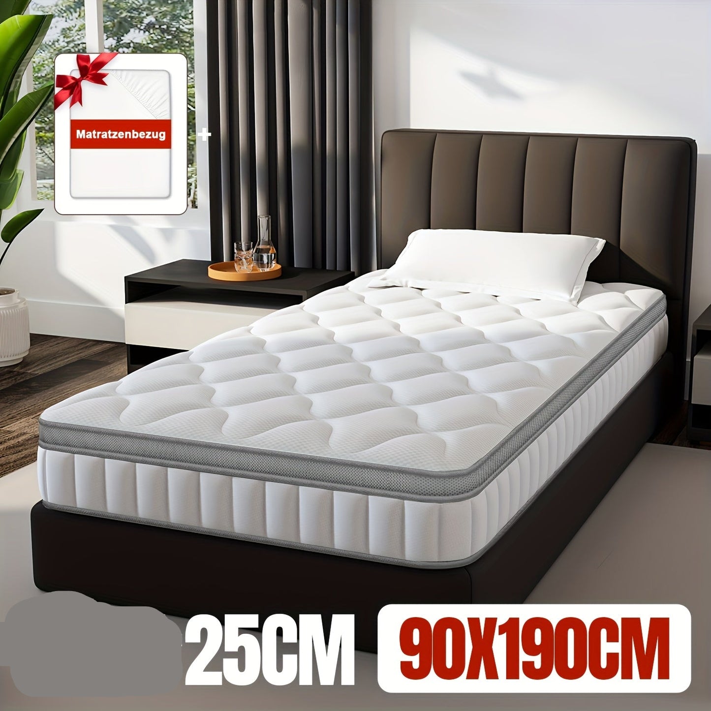 Pocketveringmatras – Matras – Springmatras – 7-Zones Matras – Hoeslaken Matras – 90x190 cm – 25 cm Hoog – Anti-Allergene Katoenen Hoes