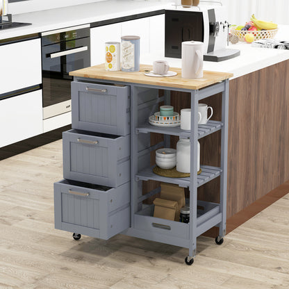 Keukentrolley – Keukenkast – Serveerwagen – Opbergtrolley – Keukenrek – Mobiel met Wieltjes – Rubberwood Werkblad – 3 Lades & Afneembare Planken