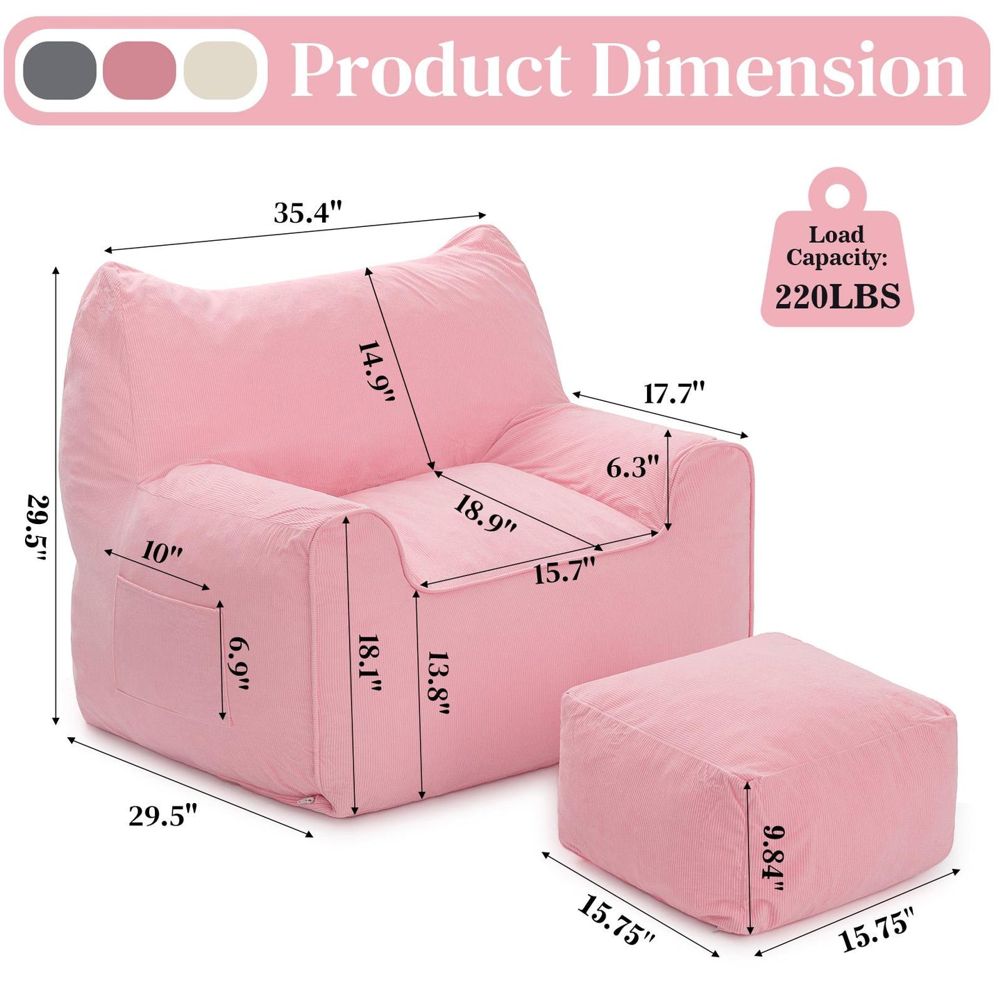 Zitzak – Zitzakstoel – Poef – Loungestoel – Fauteuil – Grote Zitzak Met Verstelbare Poef – Memory Foam Vulling – Zachte Corduroy Stof – Roze