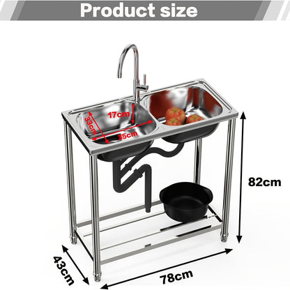 Stainless Steel Sink with Hot And Cold Water Taps, Freestanding Double Basin Sink with Drain Kit Suitable for Outdoor, Kitchen, Camping, Garden, 78x43cm