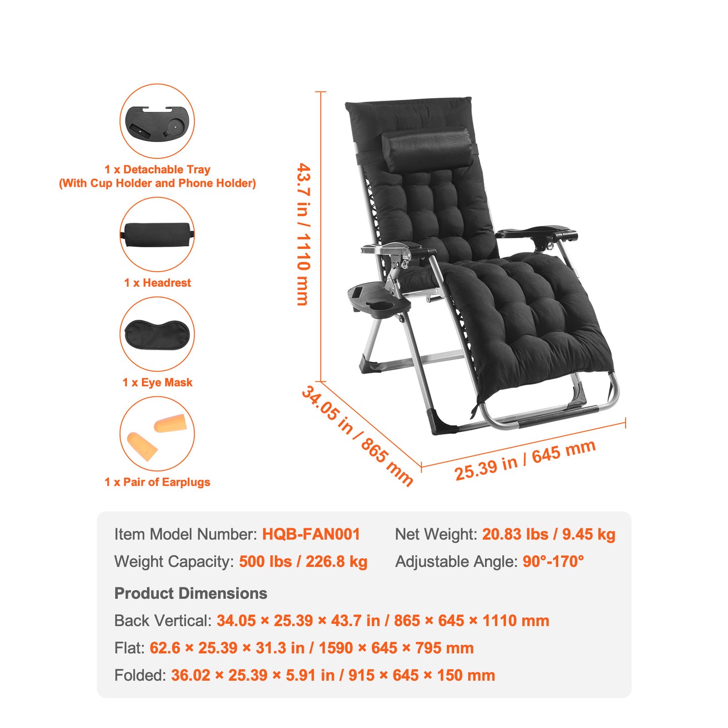 Zero Gravity Relaxstoel – Ligstoel – Loungestoel – Tuinstoel – Relaxfauteuil – Zwart – Verstelbare Ligpositie 90°-170° – Draagkracht 227 kg