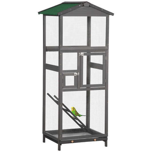 Buitenvolière – Vogelkooi – Vogelkooi Buiten – Vogelverblijf – Grote Vogelkooi – Lichtgrijs – Massief Grenenhout – Weerbestendig – 2 Deuren – Uitneembare Onderlade – 68x63x165 cm