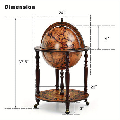 Globe Wijnbar – Wijnkast – Wijnrek – Wijnkar – Bijzettafel – Mobiel Met Wieltjes – Antiek Italiaans Design – Massief Hout & MDF