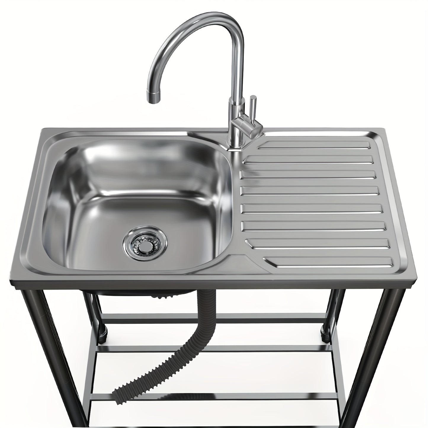 Stainless Steel Standalone Sink with Worktop, Kitchen Sink with Hot And Cold Water Taps And Drainage Kit, Outdoor Portable Sink with Adjustable Feet, Suitable for Camping, Garden, Bathroom, Garage, Single-Basin Kitchen Sink,