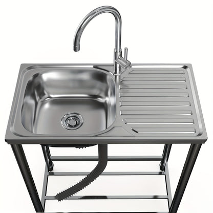 Stainless Steel Standalone Sink with Worktop, Kitchen Sink with Hot And Cold Water Taps And Drainage Kit, Outdoor Portable Sink with Adjustable Feet, Suitable for Camping, Garden, Bathroom, Garage, Single-Basin Kitchen Sink,