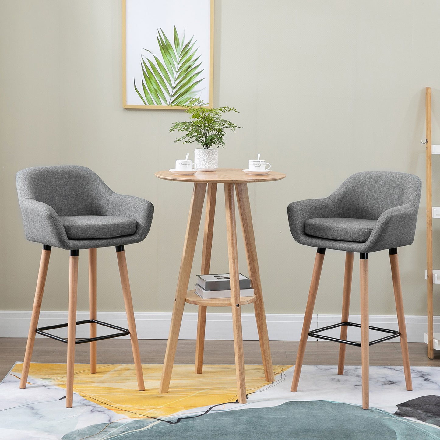 Barstoel – Barkruk – Kruk – Barstoel Met Rugleuning – Barkruk Met Armleuningen – Scandinavisch Design – Comfortabel Linnen Zitting – Stevig Houten Onderstel Lichtgrijs