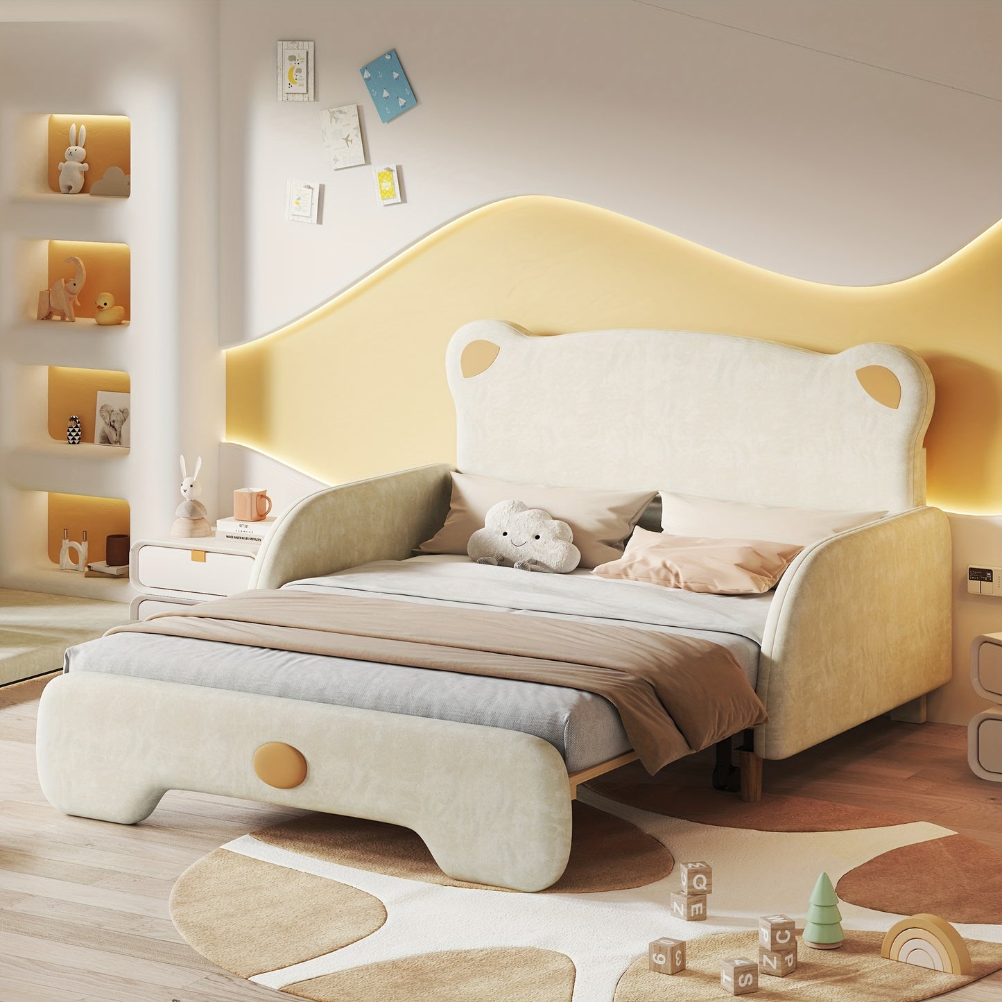 Berenbed – Berenbedbank – Kinderbed – Slaapbank – Uitschuifbed – Beige Kleur – Zachte Beschermranden – Duurzaam Bamboe Materiaal