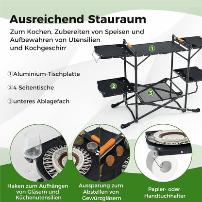 Campingkeuken – Kampeerkeuken – Reiskeuken – Campingkast – Buitenkeuken – Opvouwbaar – Aluminium Werkblad – 4 Inklapbare Zijtafels