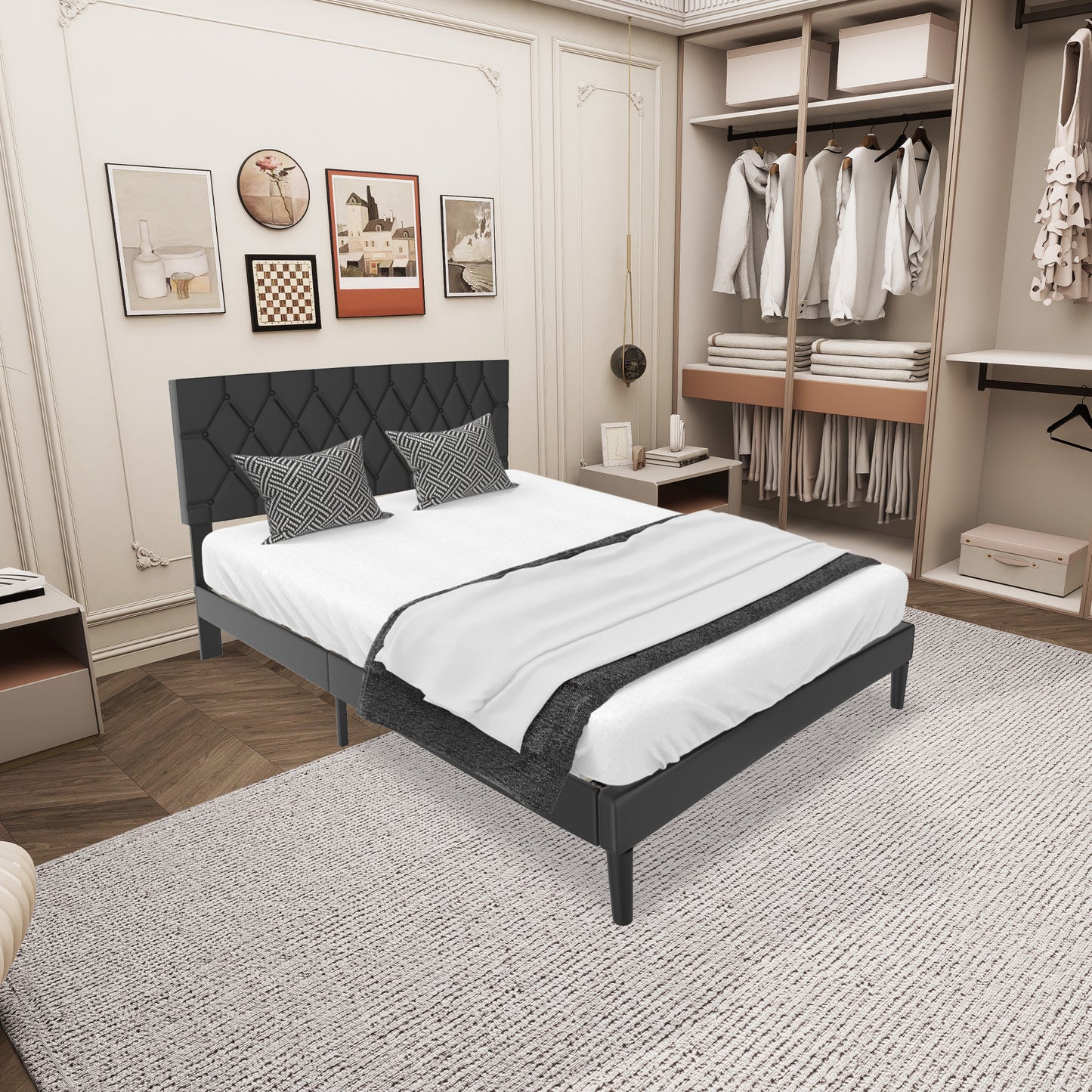 Gestoffeerd Bed – Tweepersoonsbed – Bedframe – Ledikant – Slaapbed – Zwart Kunstleer – 160x200 Cm – Houten Lattenbodem – Stevige Metalen Ondersteuning