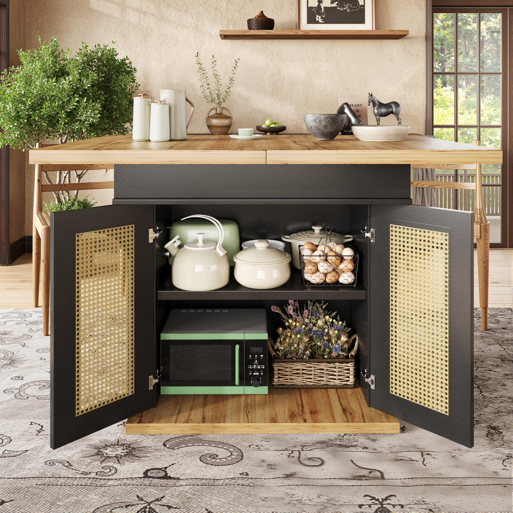 Telescopic Dining Table (110-140×80cm), Foldable Kitchen & Living Room Extendible Space-Saving 4-6 Seater with PE Rattan Cabinet Doors, Small Round Dining Table, Table for Dining Room, Spacesaving Furniture, Contemporary Des