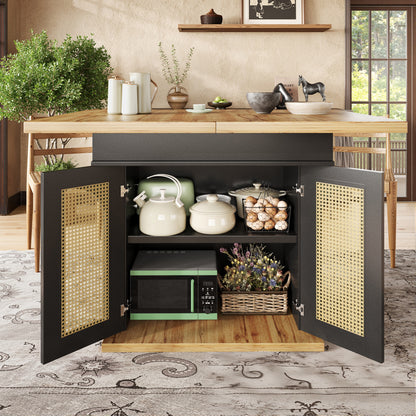 Telescopic Dining Table (110-140×80cm), Foldable Kitchen & Living Room Extendible Space-Saving 4-6 Seater with PE Rattan Cabinet Doors, Small Round Dining Table, Table for Dining Room, Spacesaving Furniture, Contemporary Des