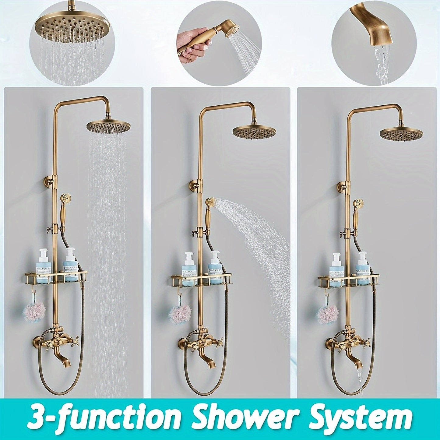 Douche Systeem – Regendouche – Handdouche – Muurkraan – Douchekraan – Antieke Messing Afwerking – 8 Inch Regendouchekop – Geen Elektriciteit Nodig