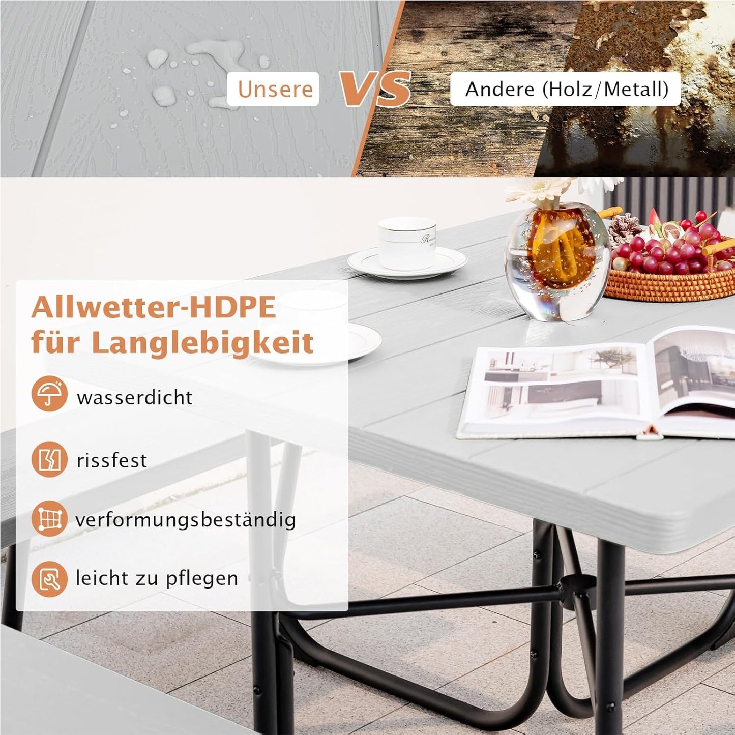 Tuinset – Picknicktafel – Zitgroep – Buitenmeubelen – Tuinmeubelen – 8 Personen – Weerbestendig HDPE – Parasolopening