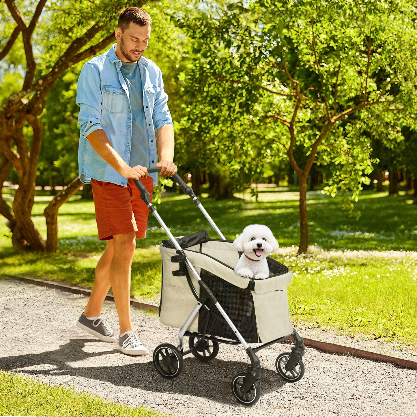 Hondenwagen – Wandelwagen – Draagkar – Huisdierwagen – Kinderwagen Hond – Lichtgewicht & Inklapbaar – Wasbaar Kussen & Mesh Ramen – Khaki
