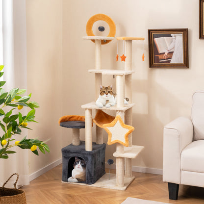 Kattenboom – Krabpaal – Klimtoren – Kattenhuis – Kattenmeubel – Ruim Multi-level Ontwerp – Stabiele Basis met Sisal Krabvoorzieningen – Beige Donkergrijs Oranje