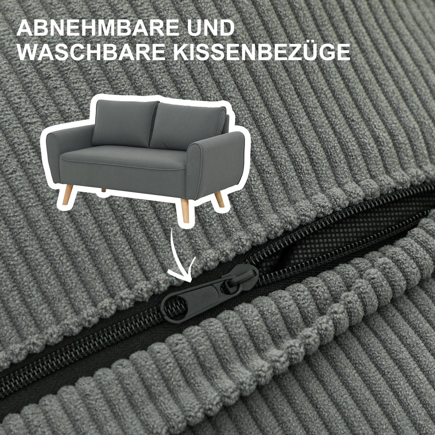 Bankstel – Tweezitsbank – 2-Zitsbank – Sofa – Bank – Donkergrijs Corduroy – Compact 145x75x78 CM – Inclusief 2 Rugkussens