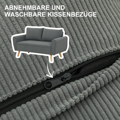 Bankstel – Tweezitsbank – 2-Zitsbank – Sofa – Bank – Donkergrijs Corduroy – Compact 145x75x78 CM – Inclusief 2 Rugkussens