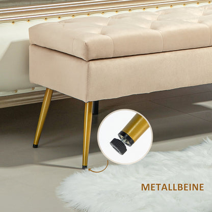 Opbergbank – Opbergbank – Poef – Zitbank – Hocker – Beige Velvet-Look – Getufte Bekleding – Stevig Metalen Frame – 102x35x43 cm