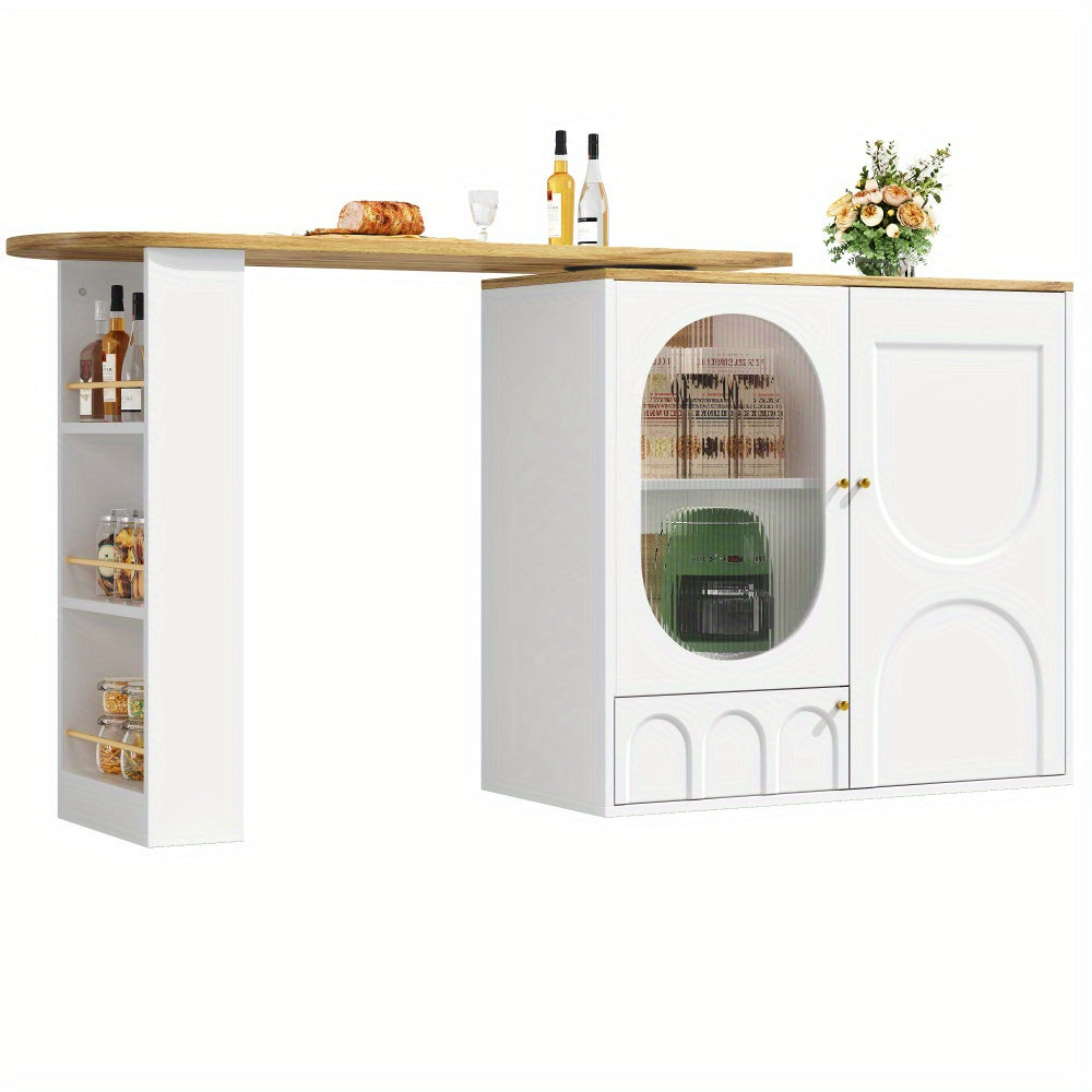Modern White Metal 360° Rotating Bar Table with Storage - Heavy-Duty Commercial/Residential Use, 3-Door Cabinet with Removable Dividers, Space-Saving Design, Easy Assembly, 138x39x102cm, Ideal for Home Bars, Kitchens, Restau