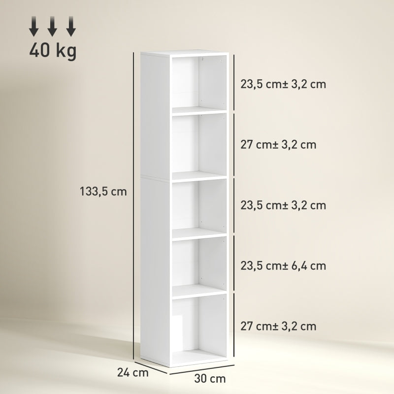 Boekenplank – Wandrek – Stellingkast – Boekenkast – Opbergrek – Wit – 5-Lagen Met Verstelbare Plank – Lichtgewicht & Compact