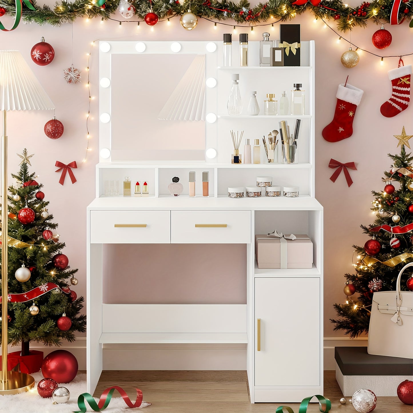 Make-up Tafel – Dressing Table – Kaptafel – Schminktisch – Vanity Table – Witte Make-up Tafel – 10 LED Lampjes Met Verstelbare Helderheid – 2 Lades, Kastje En Opbergruimte