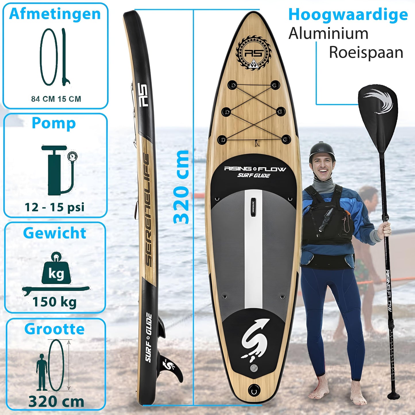 Inflatable Paddleboard – SUP Board – Opblaasbaar Board – Stand Up Paddle – SUP Surfboard – Lichtgewicht PVC – Antislip Deklaag – Compleet Met Peddel en Pomp – 320x81x15 cm – Draagtas Inclusief