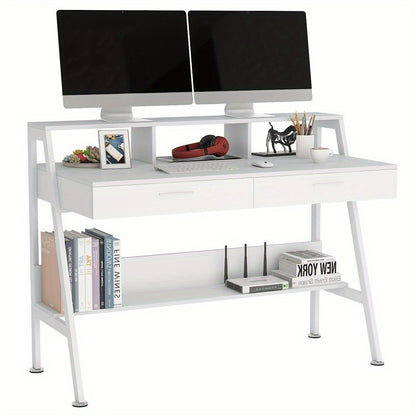 Bureau – Bureautafel – Computertafel – Werkplek – Schrijftafel – Wit Hout – Met Opbergruimte en Monitorstandaard – 120 cm Breed