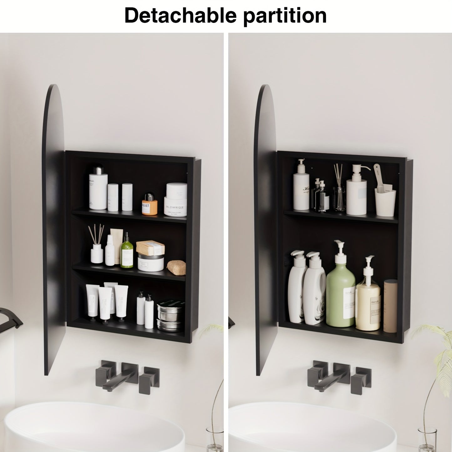 Badkamerspiegelkast – Spiegelkast – Medicijnkast – Wandkast – Opbergkast – Boogvormig – Verstelbare Legplanken – Zwart Met Stalen Frame