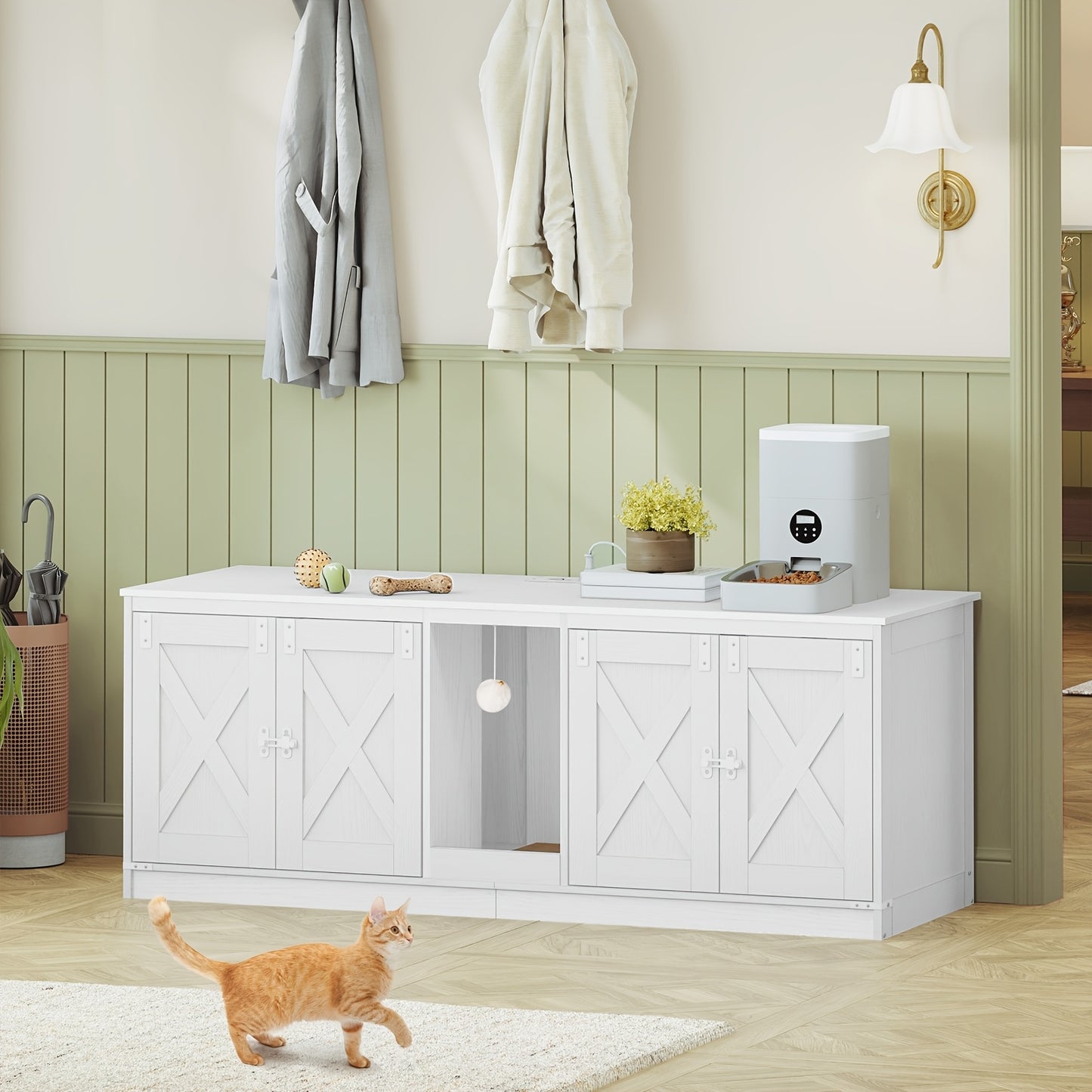 Kattenkast – Kattenhuis – Kattenbak Kast – Kattenmeubel – Kattenhol – 140x50x53,5 cm – Dubbele Ingangen Met USB- en Stroomvoorzieningen