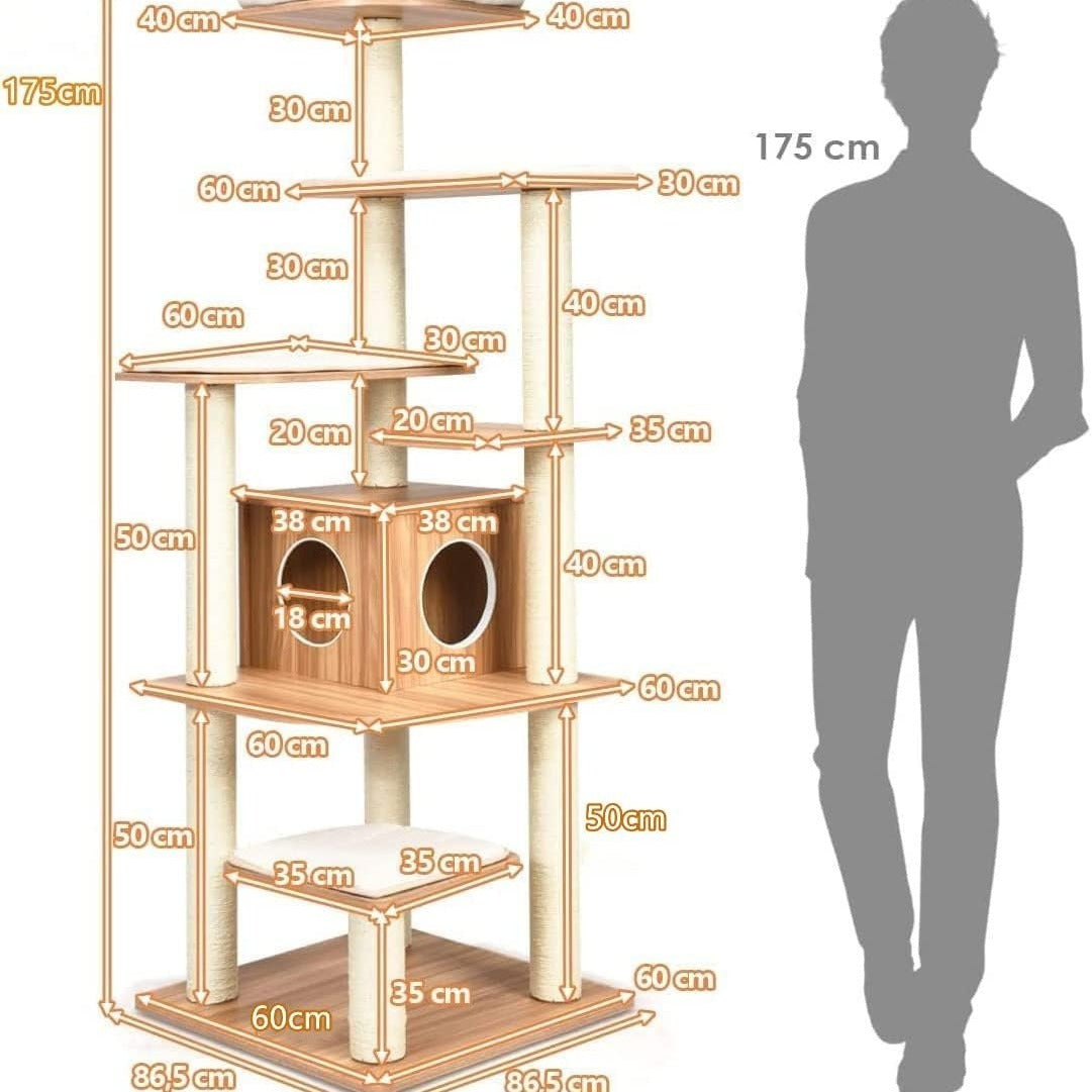 Krabpaal – Kattenboom – Krabmeubel – Klimmeubel – Kattenhuis – 175 cm Hoog – 6 Niveaus Met Kattenhol En Wasbare Matten