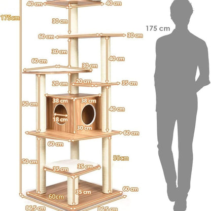 Krabpaal – Kattentoren – Klimmeubel – Krabmeubel – Kattenmeubel – 6 Lagen Met Kattenhol – 175 cm Hoog – Stevig Sisal – Zachte Wasbare Stoffen
