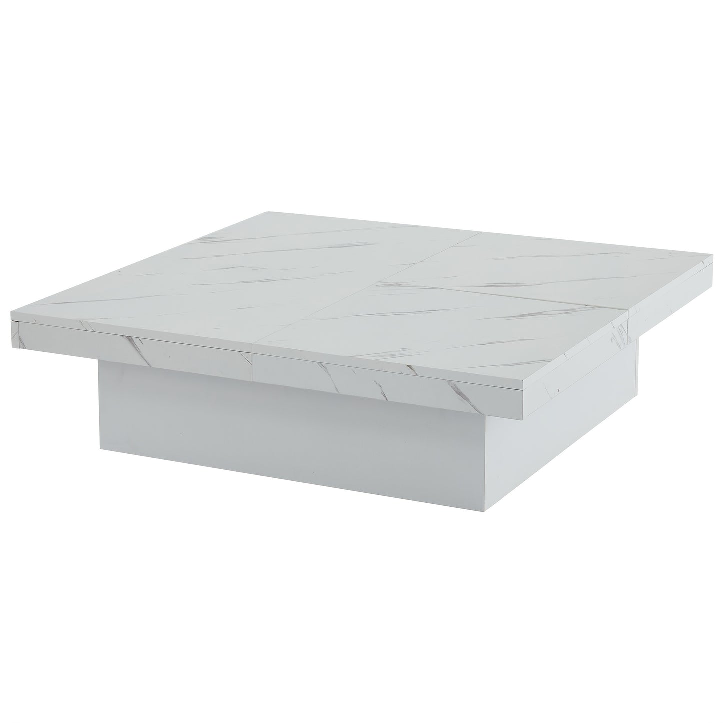 Modern White Square Coffee Table with Marble Texture, Size 90 X 90 X 25cm, Equipped with Four Drawers, Sliding Table Top, Load Capacity Up to 30kg,  Contemporary Style, Minimalist Design, Storage Table, Compact Table, Small S