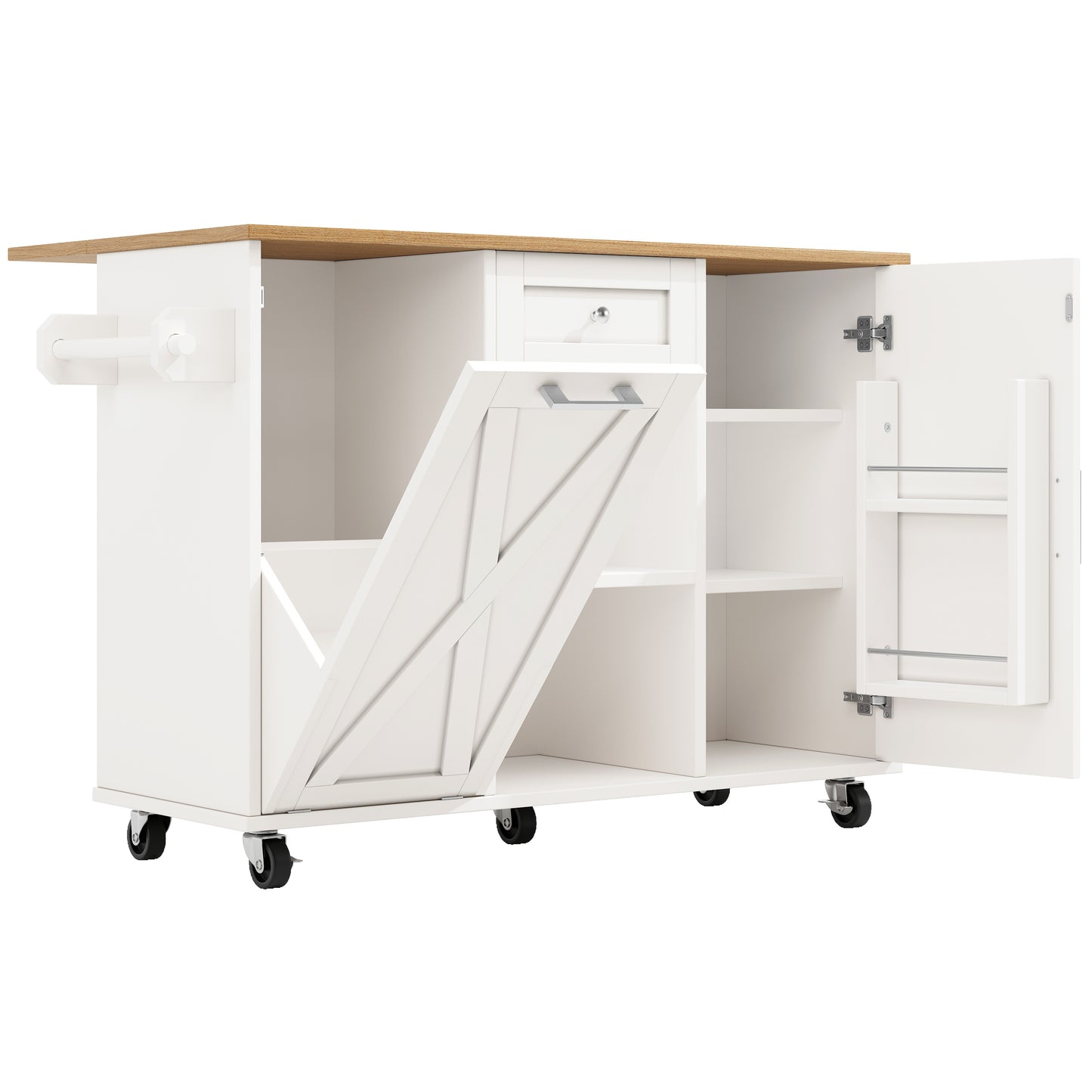 Keukeneiland – Keukentrolley – Keukenkast – Buffetkast – Serveerwagen – Inklapbaar Werkblad – Verstelbare Planken – MDF 3D Deuren – Metalen Handgrepen – Wit – 142×40/63×87 cm