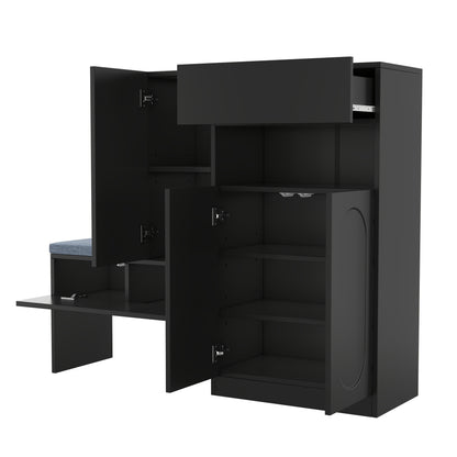 Modern Entryway Storage Cabinet with Hinged Doors - Heavy-Duty Metal Construction, Space-Saving Shoe Organizer with Upholstered Bench, Height-Adjustable Compartments, Curved Door Design for Hallway, Living Room, Bedroom - No