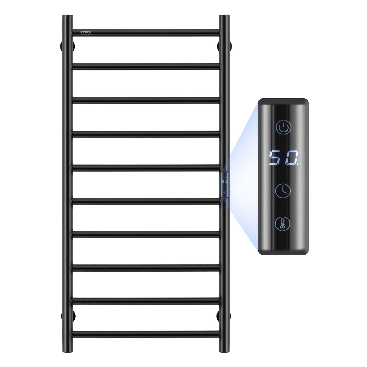 Elektrische Handdoekwarmer – Handdoekradiator – Handdoekdroger – Badkamerradiator – Wandmontage – Mat Zwart – 10 Stangen – Instelbare Timer & 5 Warmtestanden