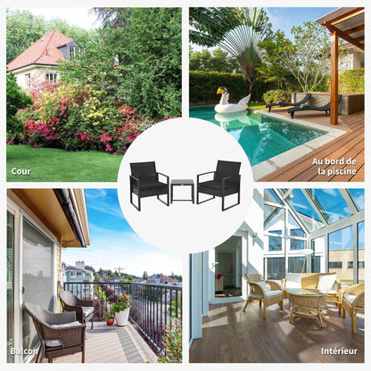 Tuinset 2-Zits – Bistroset – Loungeset – Balkonset – Zwart – Weerbestendig Wicker Rattan – Afneembare Kussens Met Glazen Tafelblad