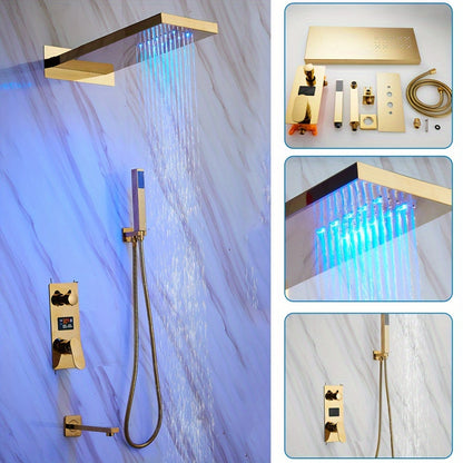 Doucheset – Douche Systeem – Douchekraan – Regendouche – Douchekolom – Thermostatisch Mengventiel – Messing Goudkleurig – LED Temperatuurindicatie