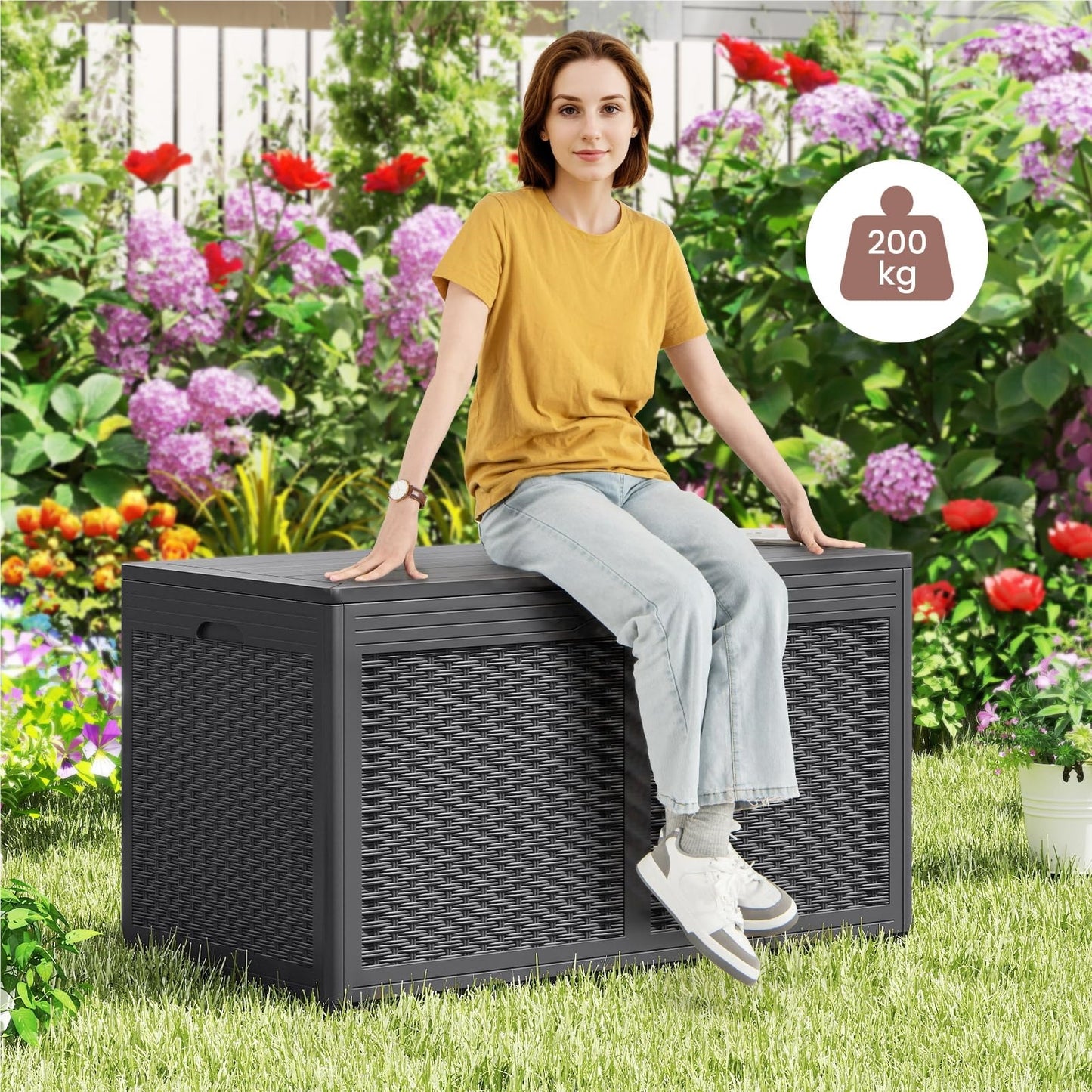 Opbergkist Buiten – Tuinbox – Opbergbox – Opbergkist Balkon – Opbergbank – 380 Liter – Weerbestendig Met Wieltjes