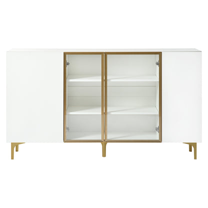 Sideboard – Dressoir – Buffetkast – Opbergkast – Kast – Modern Wit – Greeploos Design – Glasvitrine – Gouden Metalen Pootjes – 150x38x85 cm – MDF