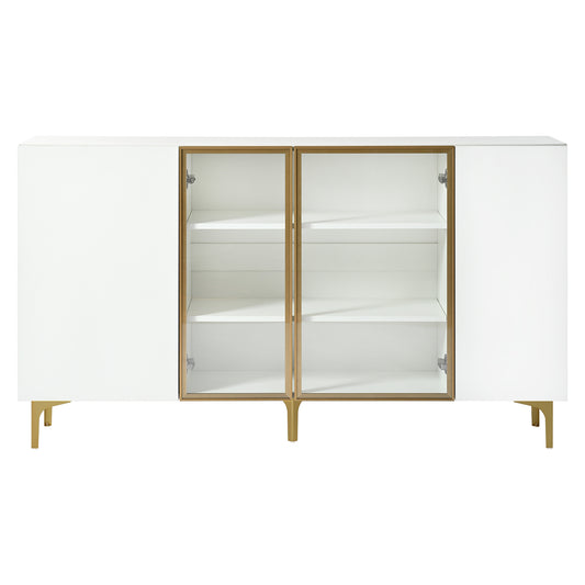 Sideboard – Dressoir – Buffetkast – Opbergkast – Kast – Modern Wit – Greeploos Design – Glasvitrine – Gouden Metalen Pootjes – 150x38x85 cm – MDF