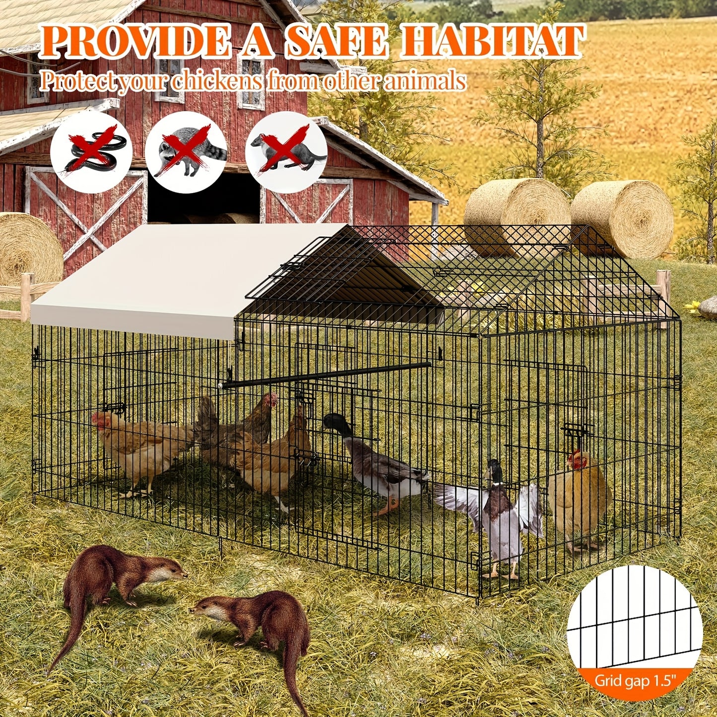 Heavy Duty Metal Chicken Coop 218.44cm x 101.6cm x 101.6cm Walk-In Poultry Cage with 4 Doors, Waterproof UV-Resistant Cover & -Proof Lock - Large Outdoor Barn for Ducks, Rabbits, Chickens - Spacious Run for 8-10 Hens, Easy As