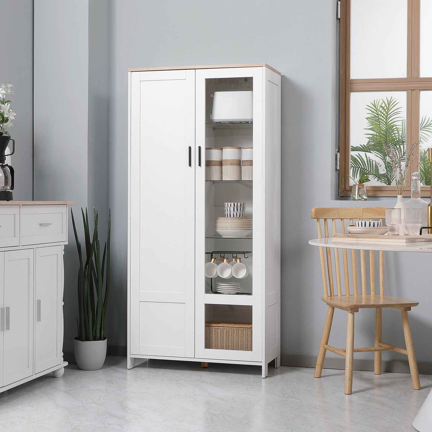Buffetkast – Keukenkast – Dressoir – Opbergkast – Vitrinekast – 7 Planken Inclusief 3 Glazen Planken – Wit Met Houten Blad – 76x36x160 cm