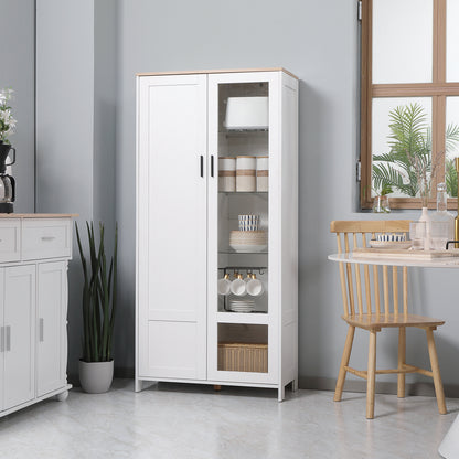 Buffetkast – Keukenkast – Dressoir – Opbergkast – Vitrinekast – 7 Planken Inclusief 3 Glazen Planken – Wit Met Houten Blad – 76x36x160 cm